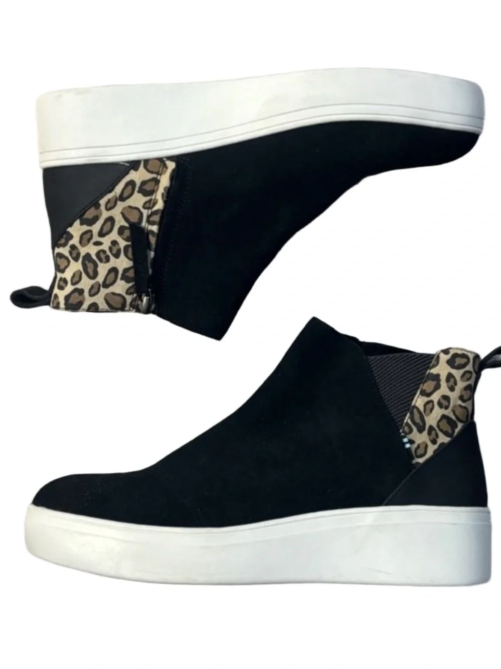 Toms Jamie Wedge Sneaker Bootie Slip-On Zipper Black Suede Leopard Trim Size 8.5